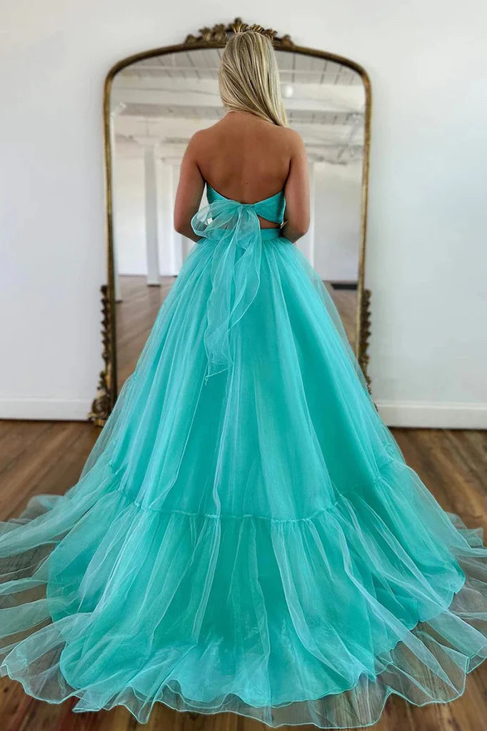 Off Shoulder A-line Mint Green Tulle Prom Long Formal Dress