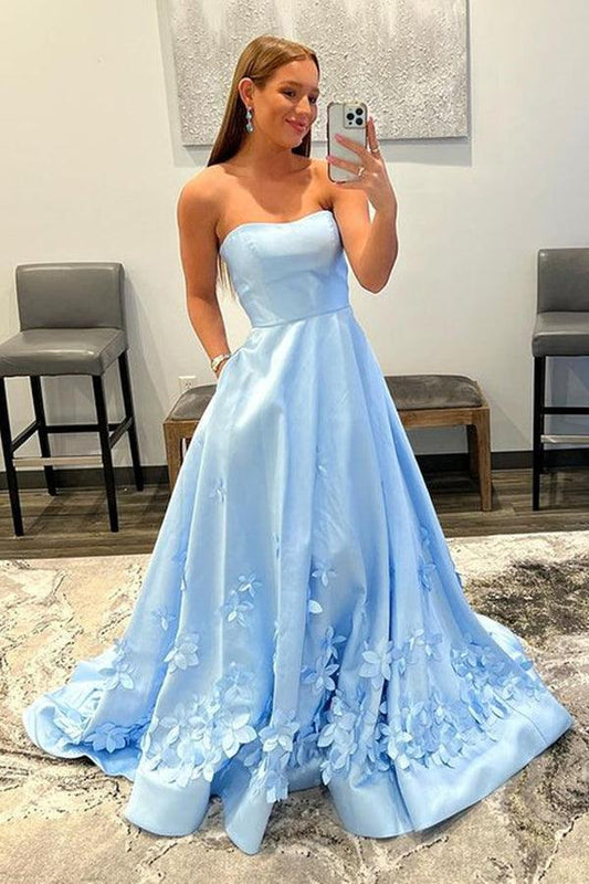 A-line  Sweep/Brush Train Dresses Strapless  Floral Long Prom Dresses Formal Dresses