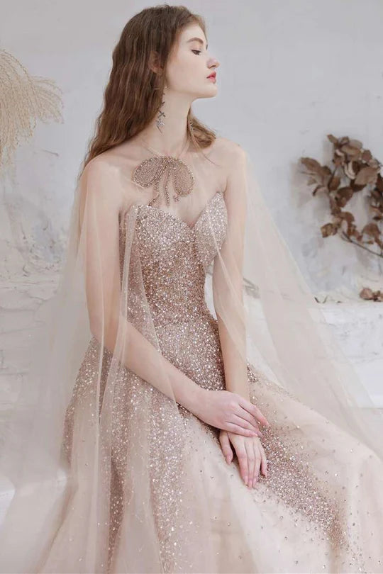 Gradient  Tulle Strapless Prom Gown with Cape