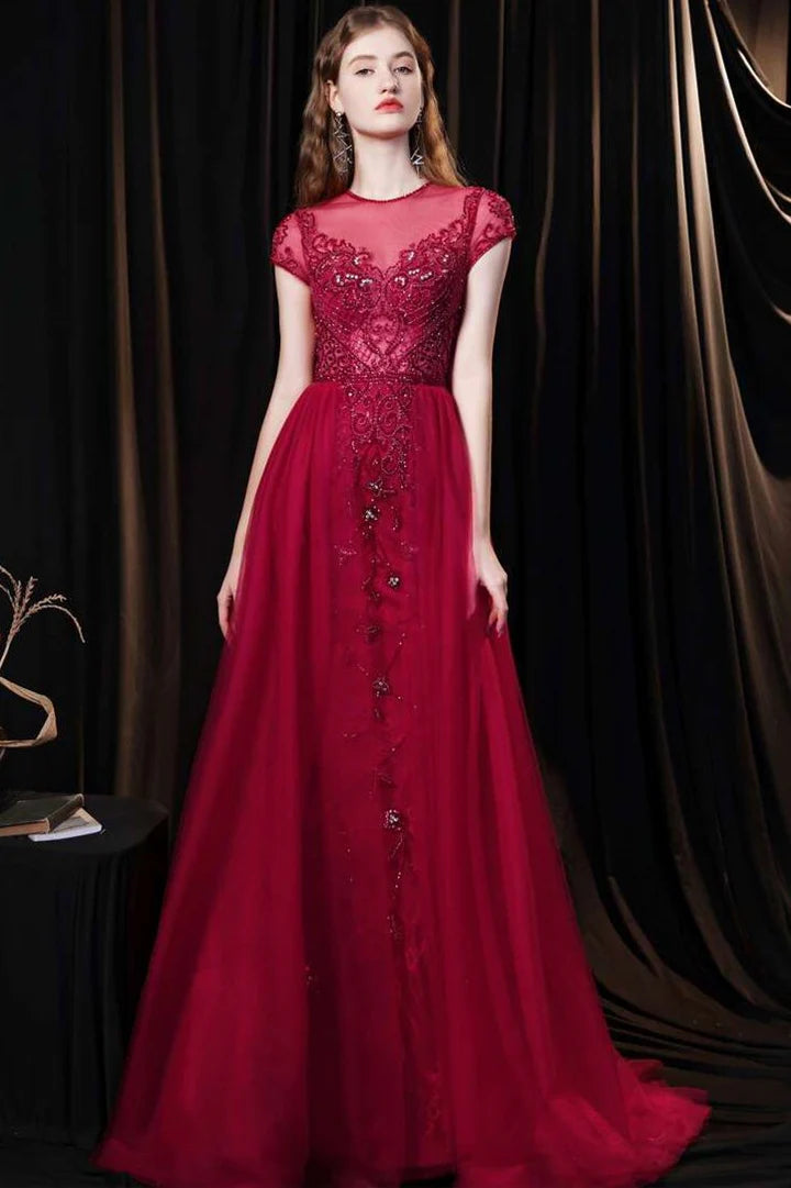 Tulle Cap Sleeve Round Neck Floor-length Prom Dress