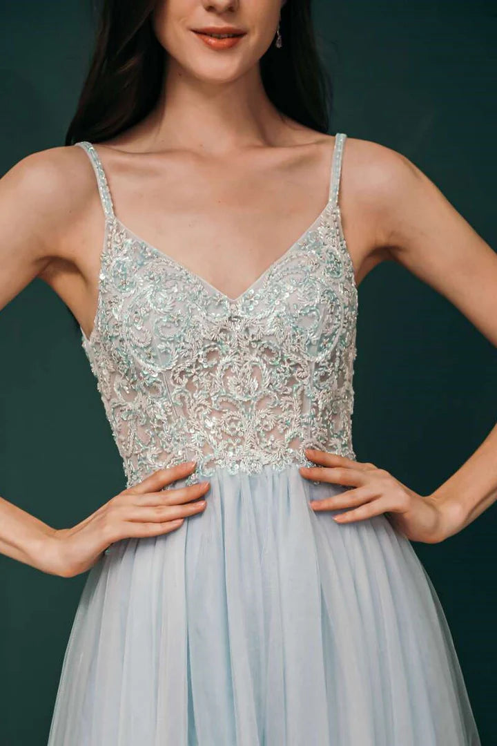 V-neckline Beaded Tulle Prom Gown