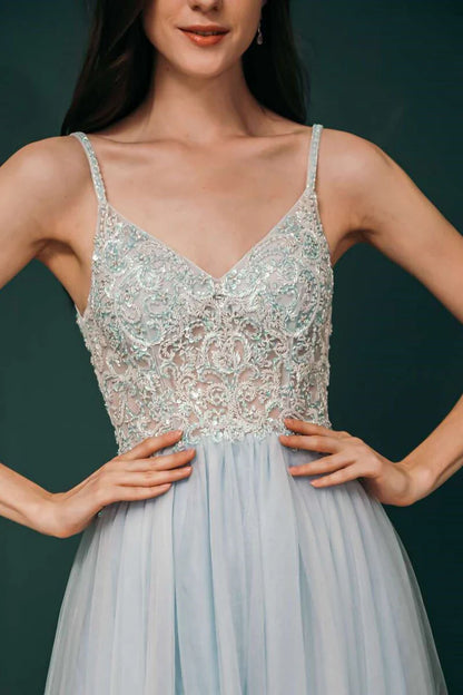 V-neckline Beaded Tulle Prom Gown