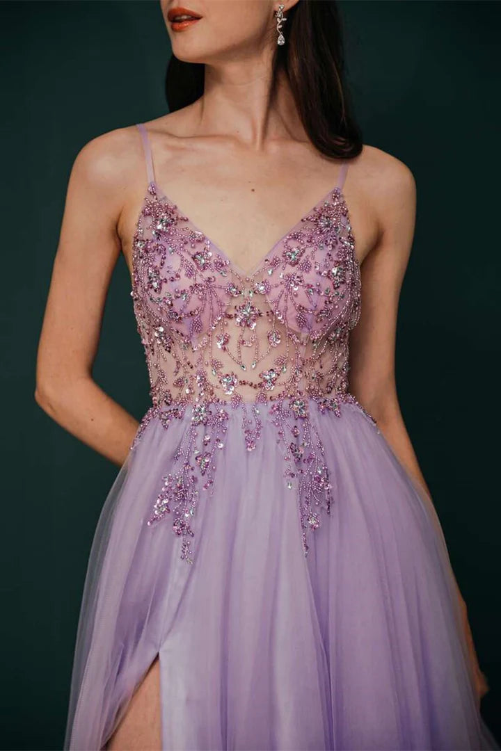 Beaded Tulle Long Prom Dress
