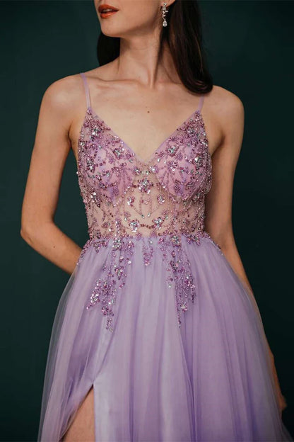 Beaded Tulle Long Prom Dress