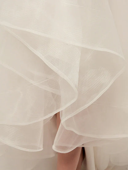 A-Line Wedding Dresses V Neck Asymmetrical Tulle Spaghetti Strap Simple Casual Little White Dress with Side-Draped