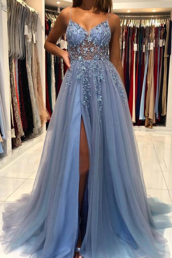 Party Dresses Spaghetti Straps V Neck Tulle Long Prom Dresses Formal Dress With Beading