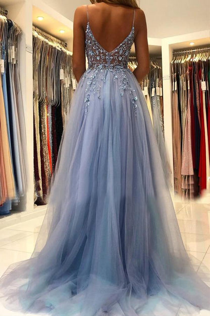 Party Dresses Spaghetti Straps V Neck Tulle Long Prom Dresses Formal Dress With Beading