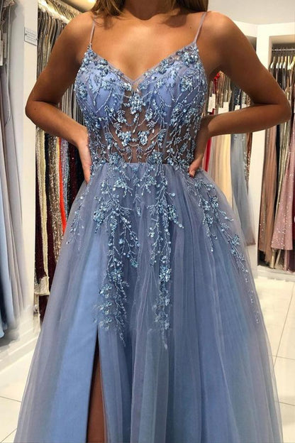 Party Dresses Spaghetti Straps V Neck Tulle Long Prom Dresses Formal Dress With Beading