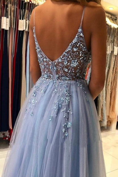 Party Dresses Spaghetti Straps V Neck Tulle Long Prom Dresses Formal Dress With Beading