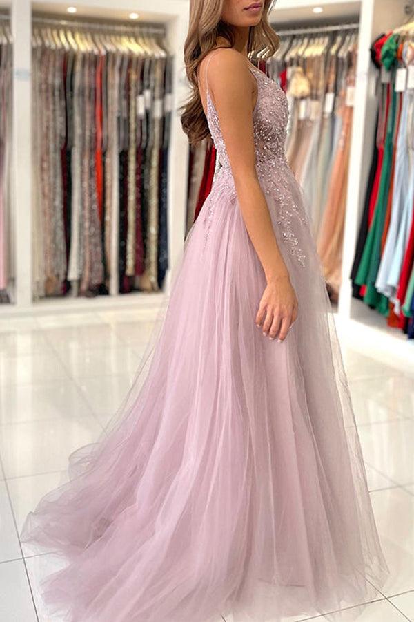 Party Dresses Spaghetti Straps V Neck Tulle Long Prom Dresses Formal Dress With Beading