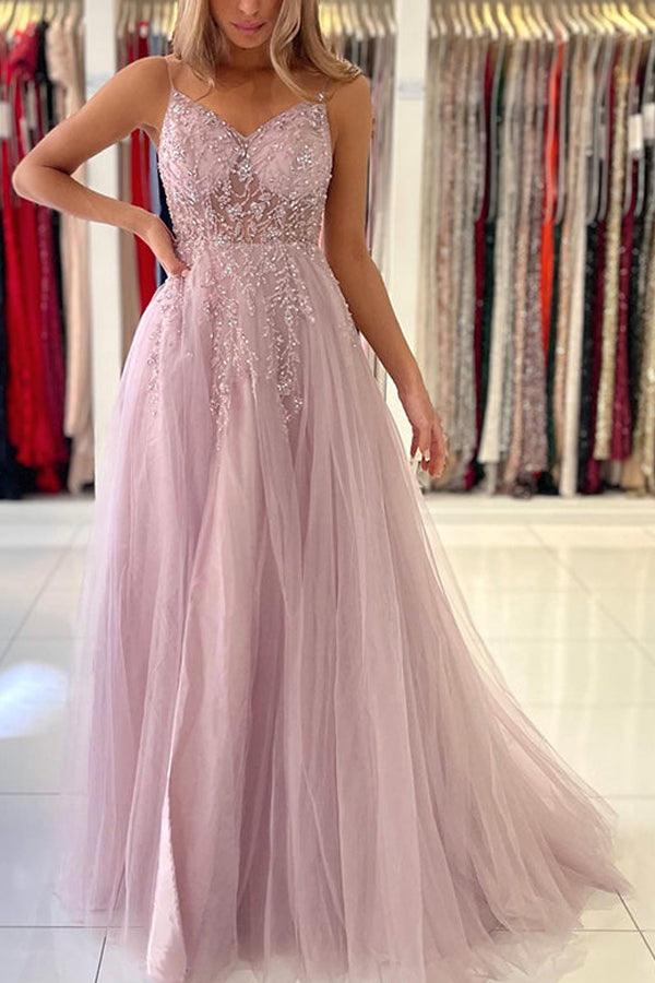 Party Dresses Spaghetti Straps V Neck Tulle Long Prom Dresses Formal Dress With Beading