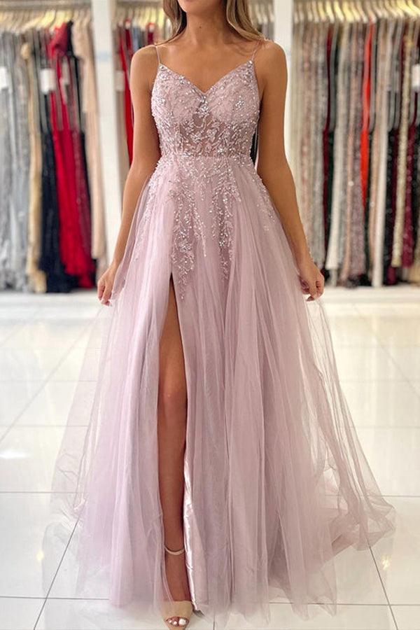 Party Dresses Spaghetti Straps V Neck Tulle Long Prom Dresses Formal Dress With Beading