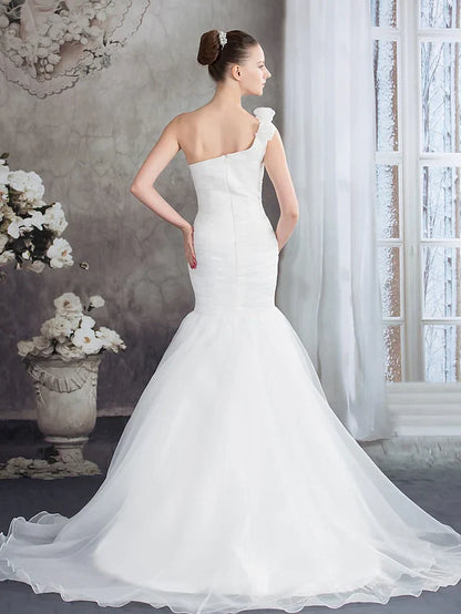 Wedding Dresses One Shoulder Court Train Organza Spaghetti Strap with Ruched Pleats Sequin Appliques