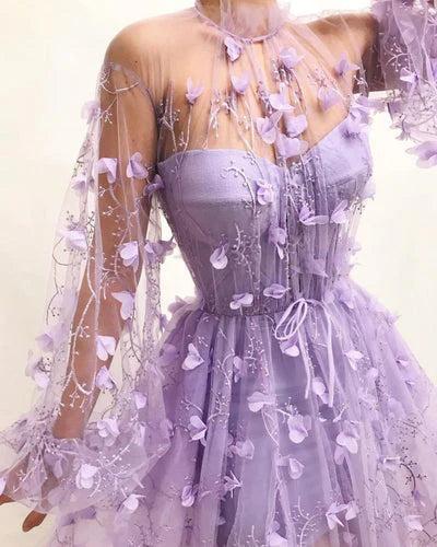 Lilac Evening Ball Gown High Neck Long Sleeve Sweep/Brush Train Long Formal Prom Dress With Split