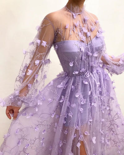 Lilac Evening Ball Gown High Neck Long Sleeve Sweep/Brush Train Long Formal Prom Dress With Split