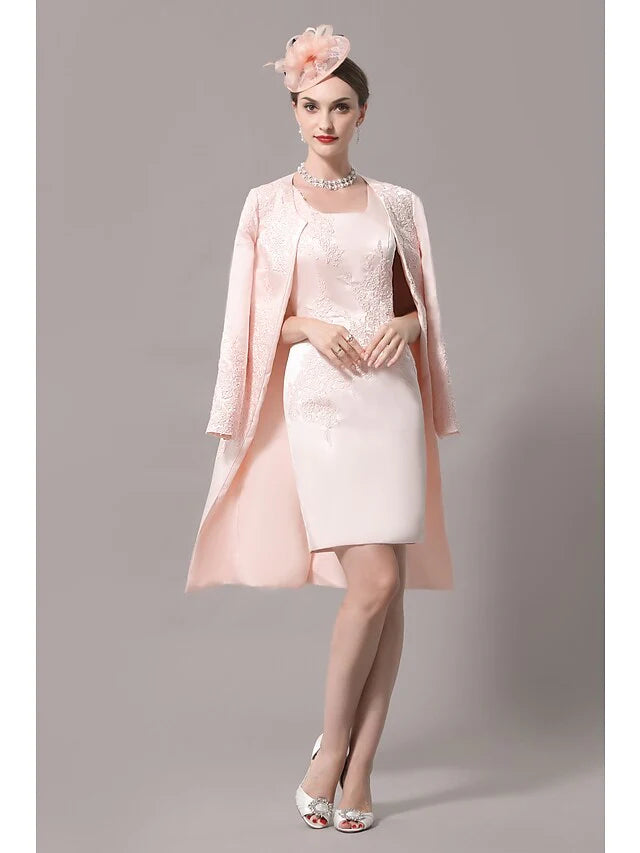 Mother of the Bride Dress Plus Size Elegant Scoop Neck Knee Length Satin Sleeveless with Beading Appliques