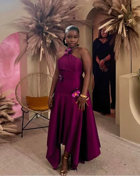 Appliques Stretch Satin Luxe Plum Satin Halter Neck 3D Floral Applique Asymmetric High-Low Prom Dress