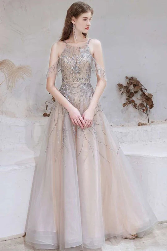 Tulle A-line Spaghetti Straps Beaded Long Prom Dress