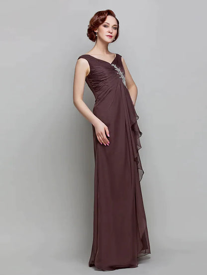 A-Line Mother of the Bride Dress Vintage Inspired V Neck Floor Length Chiffon Sleeveless with Crystals Ruffles Side Draping