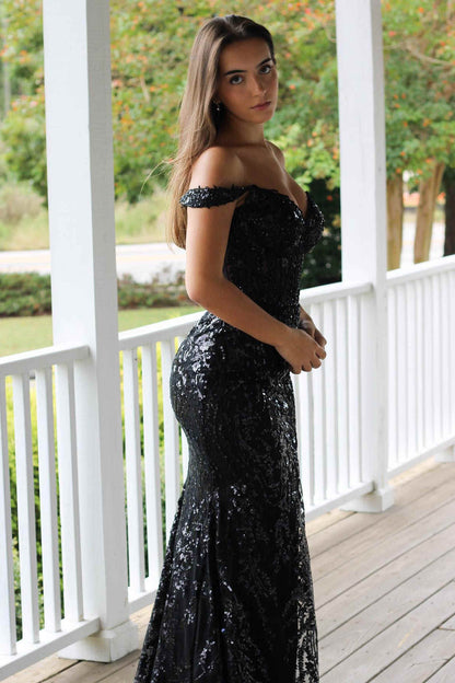 Sweep/Brush Train Dresses Off the Shoulder Gold Sequin Corset Mermaid Prom Dress with Slit