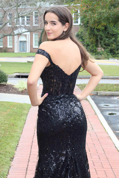 Sweep/Brush Train Dresses Off the Shoulder Gold Sequin Corset Mermaid Prom Dress with Slit