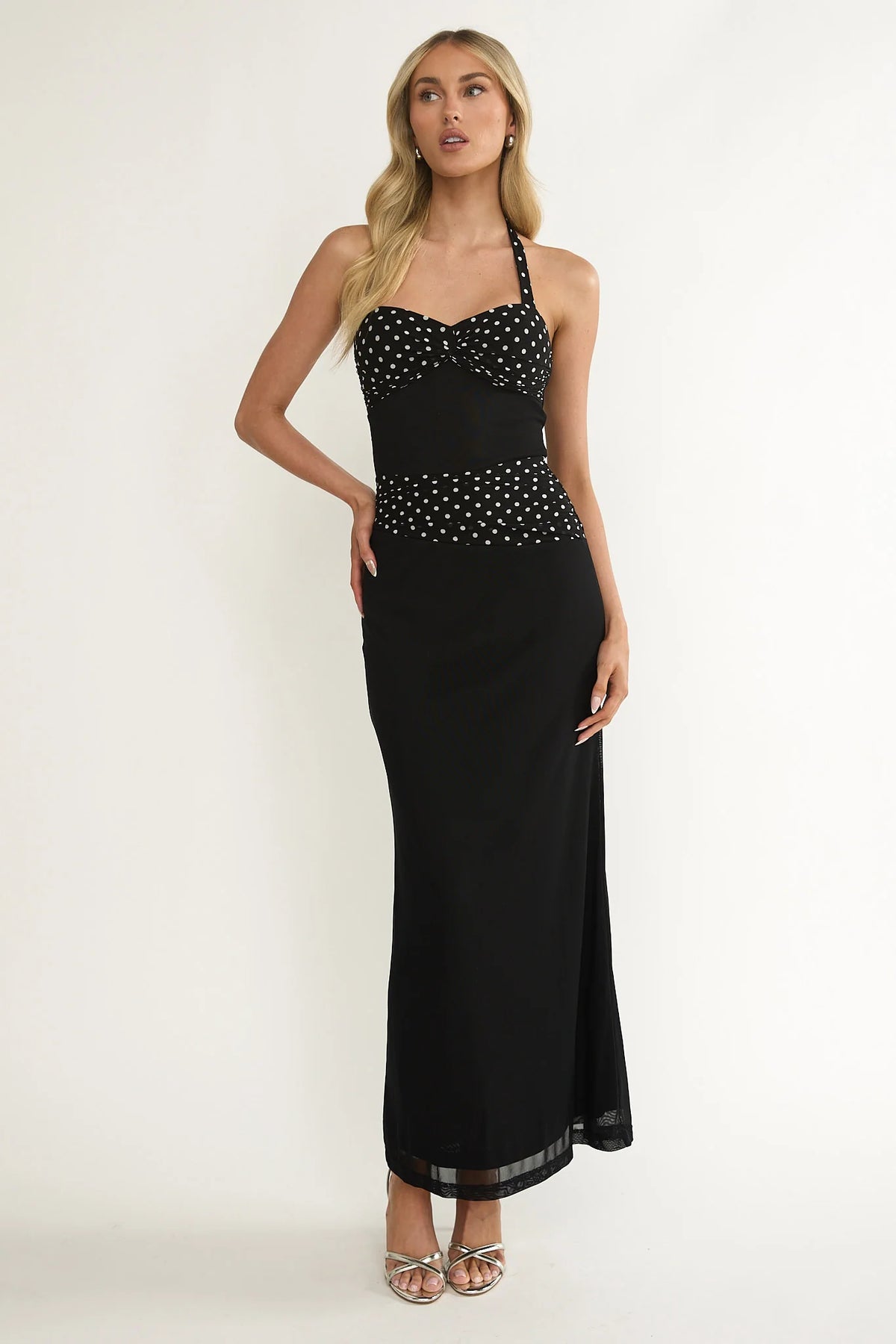 Black Polka Dot Halter Neck Maxi Evening Dress