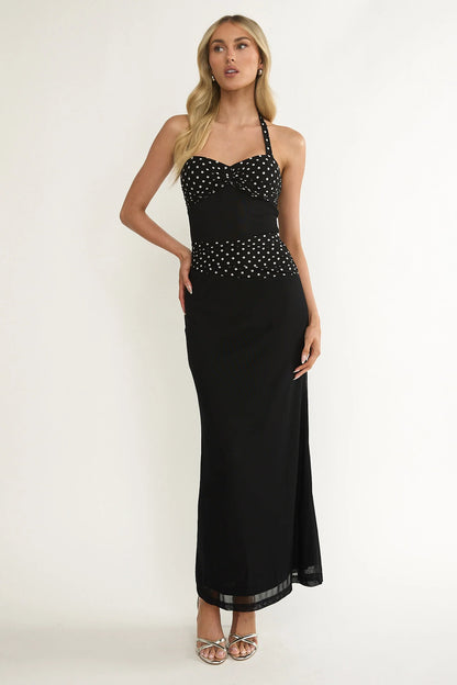 Black Polka Dot Halter Neck Maxi Evening Dress