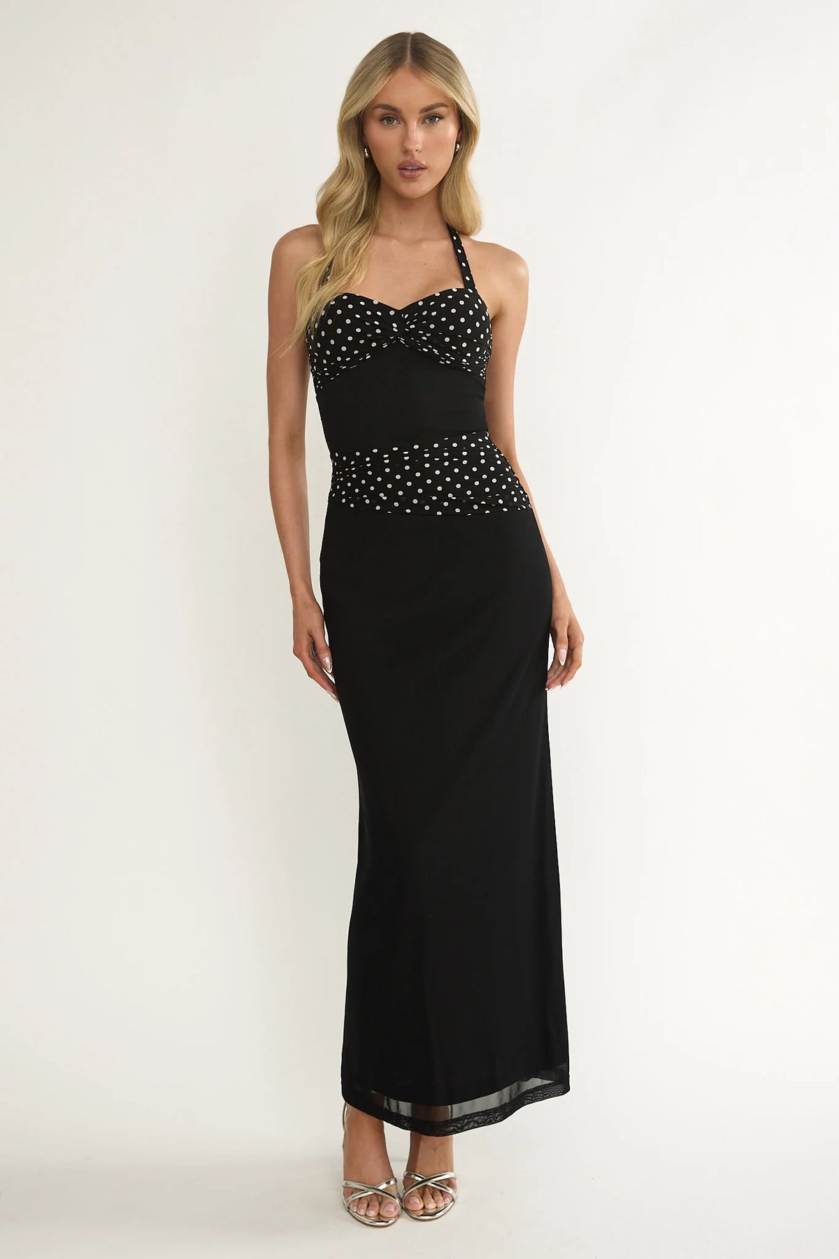 Black Polka Dot Halter Neck Maxi Evening Dress