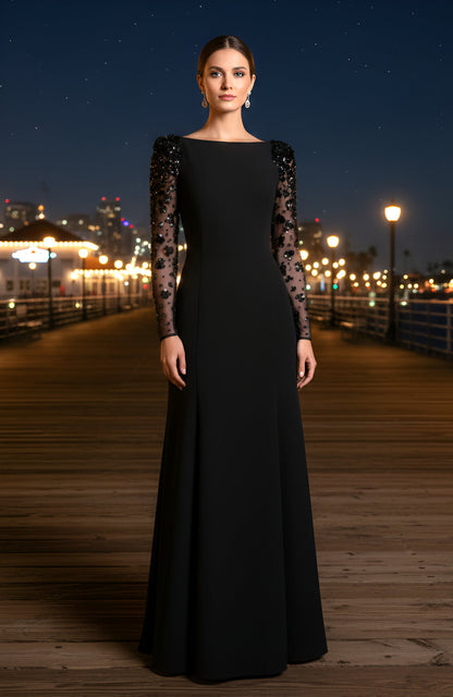 Black Sequin Long Sleeve Slim-Fitting Evening Dress for Party Banquet Wedding Formal Occasions