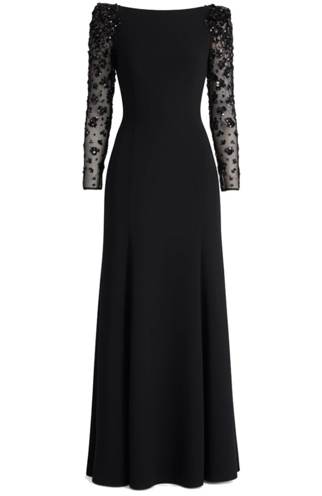 Black Sequin Long Sleeve Slim-Fitting Evening Dress for Party Banquet Wedding Formal Occasions