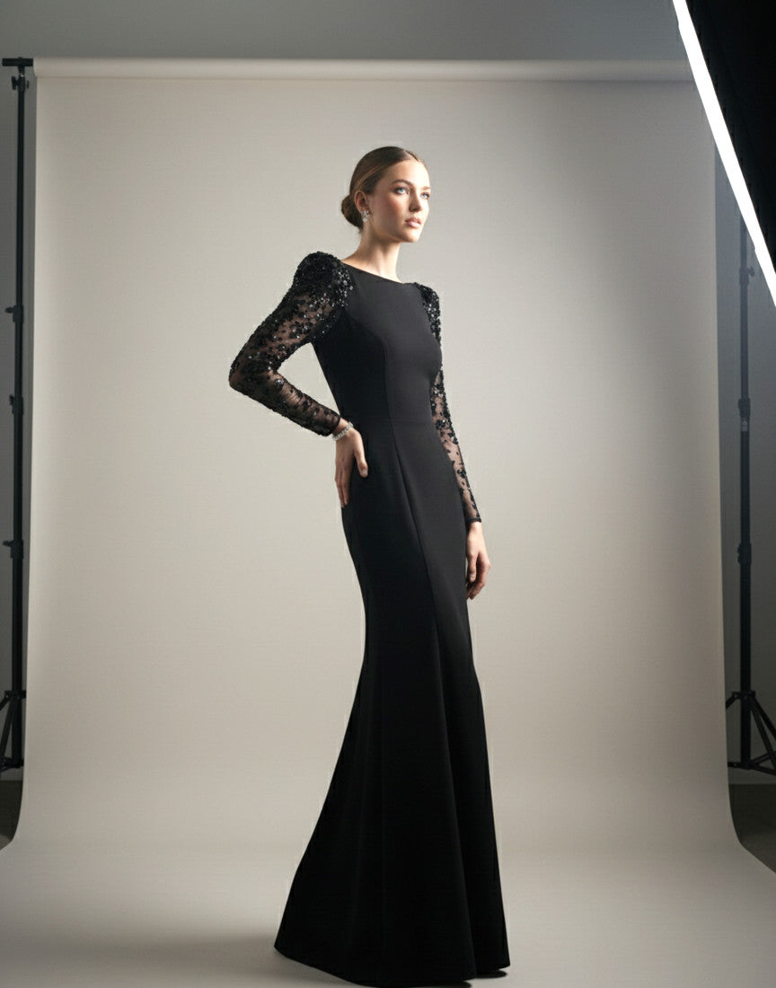 Black Sequin Long Sleeve Slim-Fitting Evening Dress for Party Banquet Wedding Formal Occasions