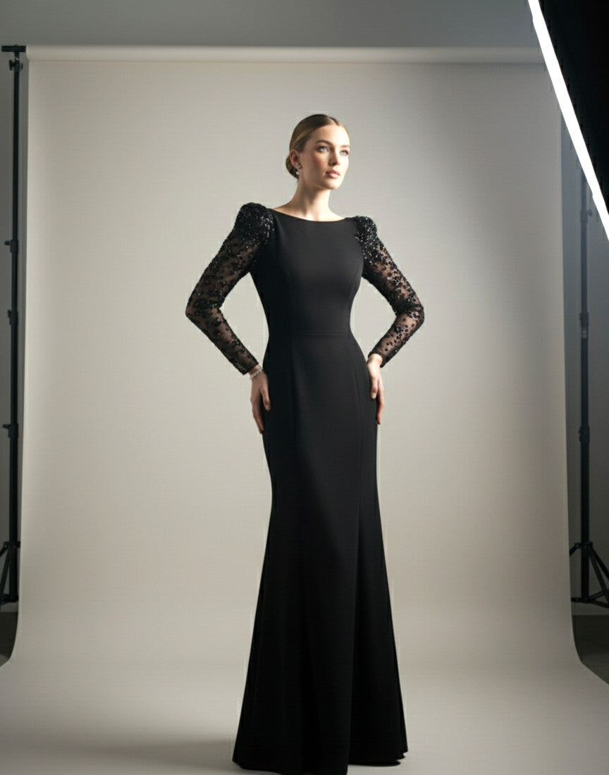 Black Sequin Long Sleeve Slim-Fitting Evening Dress for Party Banquet Wedding Formal Occasions