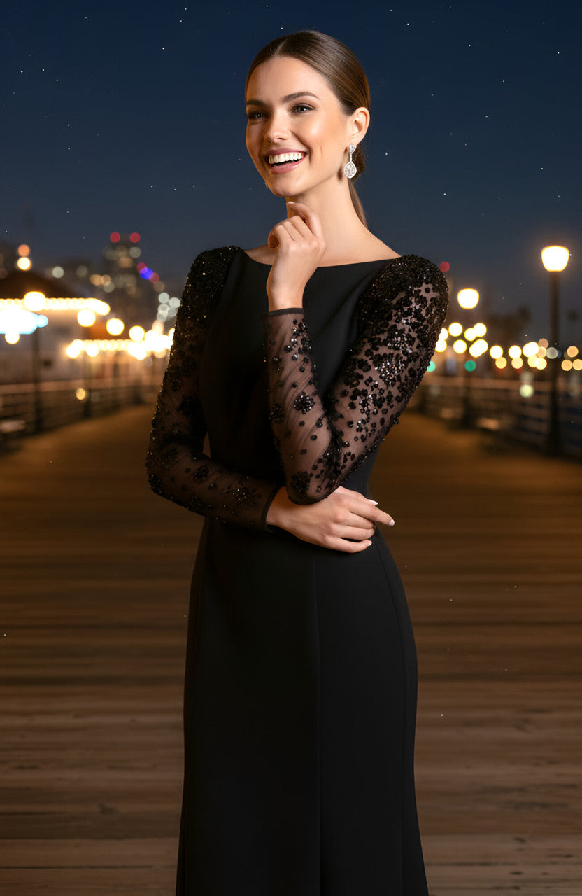 Black Sequin Long Sleeve Slim-Fitting Evening Dress for Party Banquet Wedding Formal Occasions