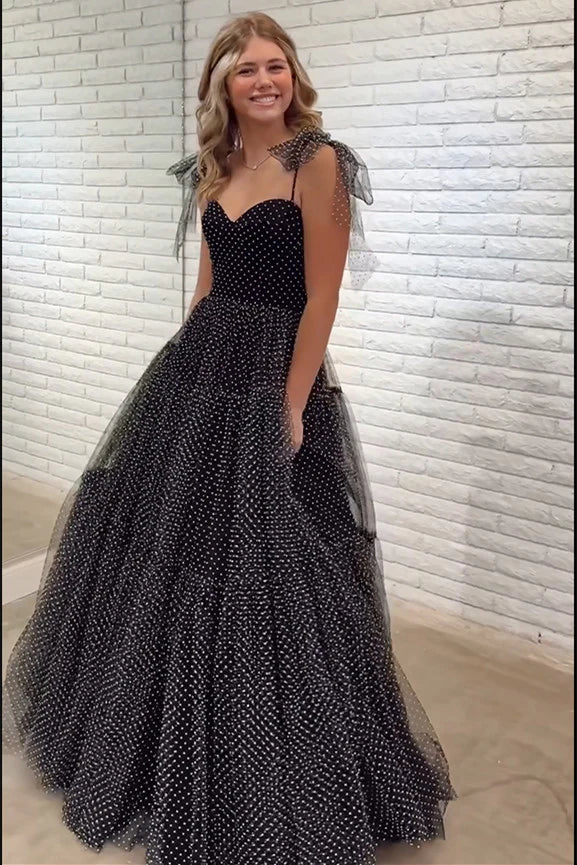 A-Line Floor Length  Swiss Dot Tulle Prom Dress with Bow Tie