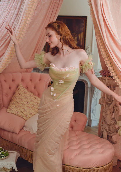 Blush Green Ombre Tulle Mermaid Gowns with Off Shoulder Tulle Bows 3D Floral Petals Corset Bodice Lace Up Back and Ruched Mermaid Skirt