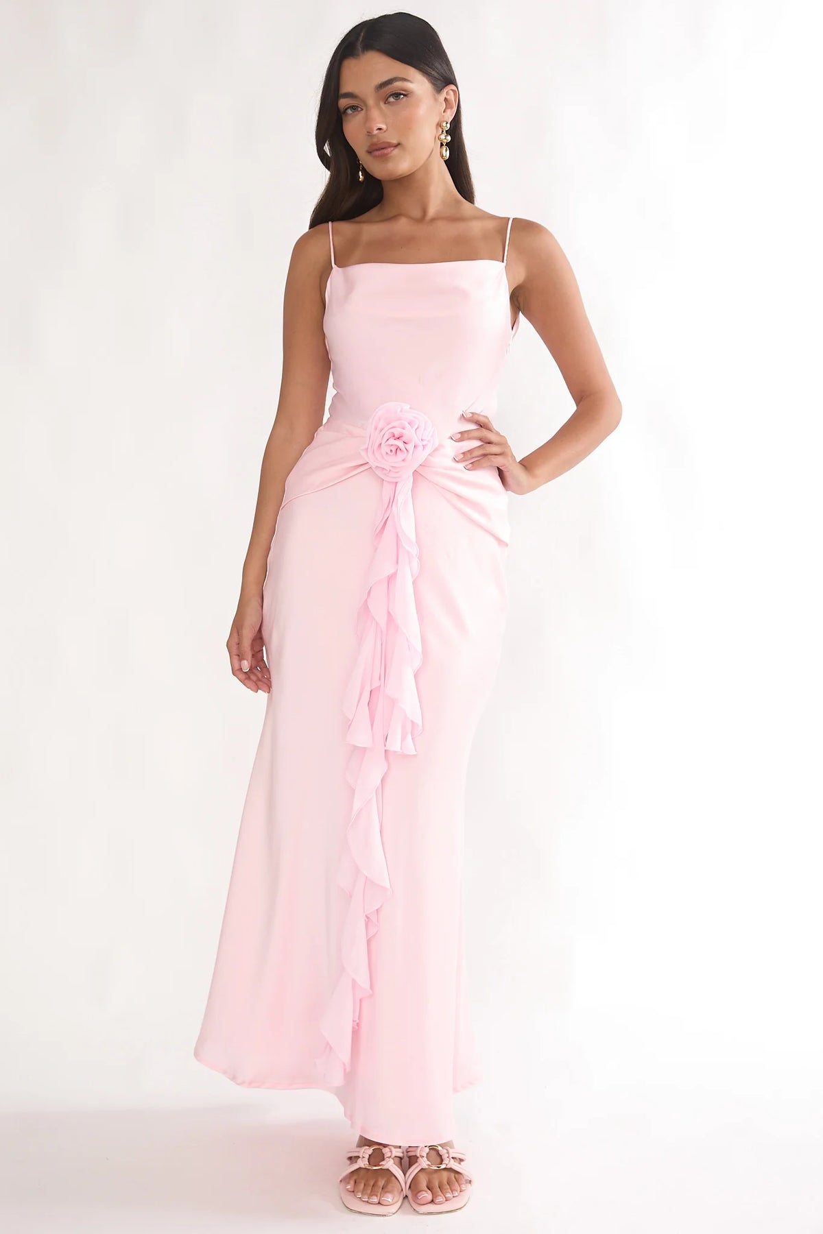 Blush Pink Satin Rosette Ruffle Mermaid Maxi Evening Dress