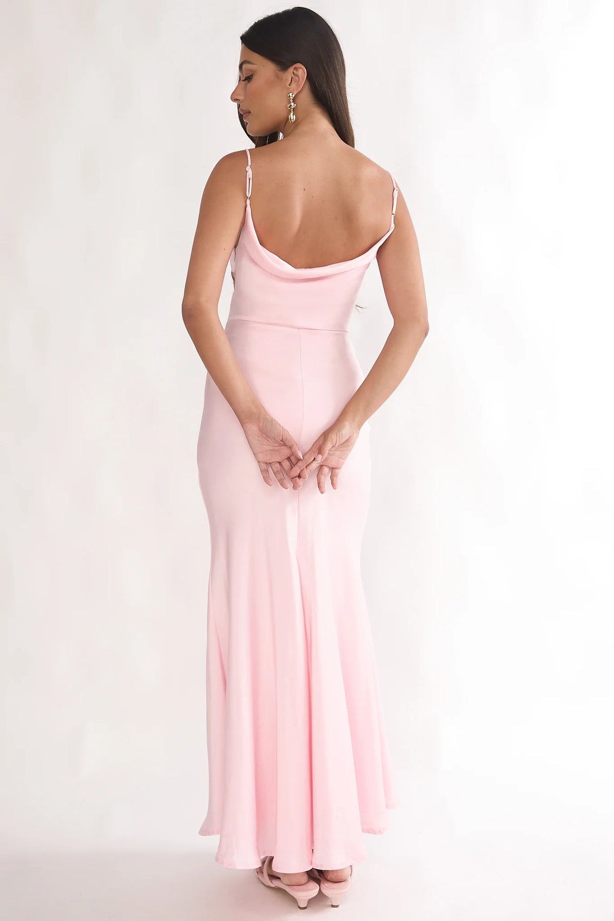 Blush Pink Satin Rosette Ruffle Mermaid Maxi Evening Dress