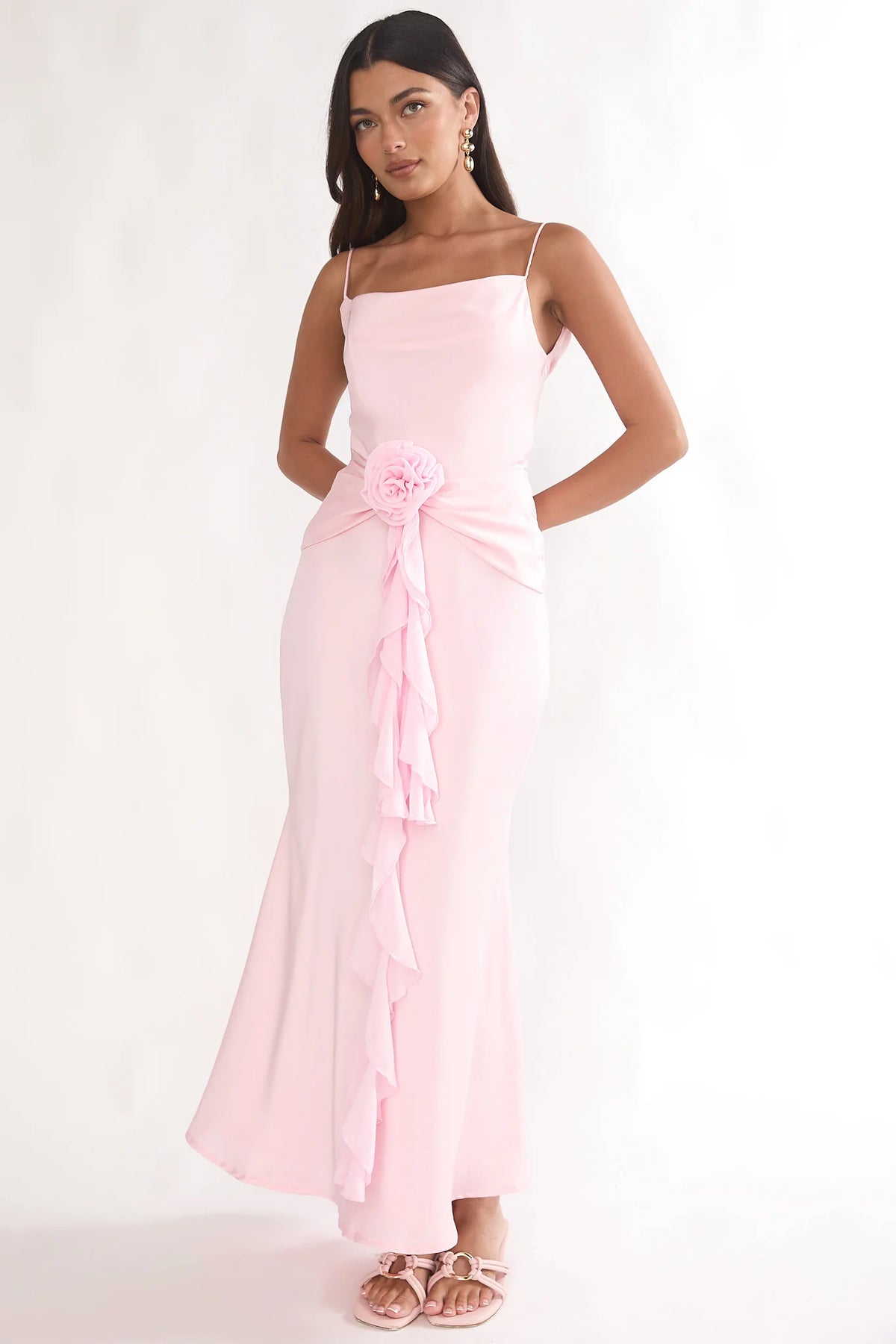 Blush Pink Satin Rosette Ruffle Mermaid Maxi Evening Dress