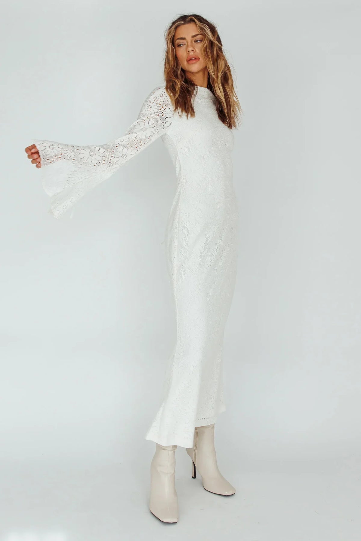 Bohemian Fitted Mock Neck Lace Bell Sleeve Maxi Evening Dress