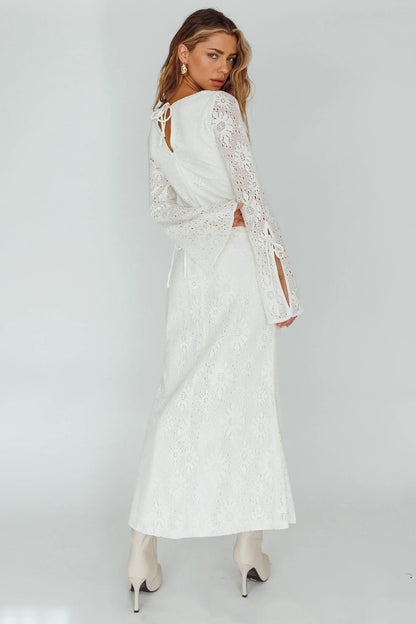 Bohemian Fitted Mock Neck Lace Bell Sleeve Maxi Evening Dress
