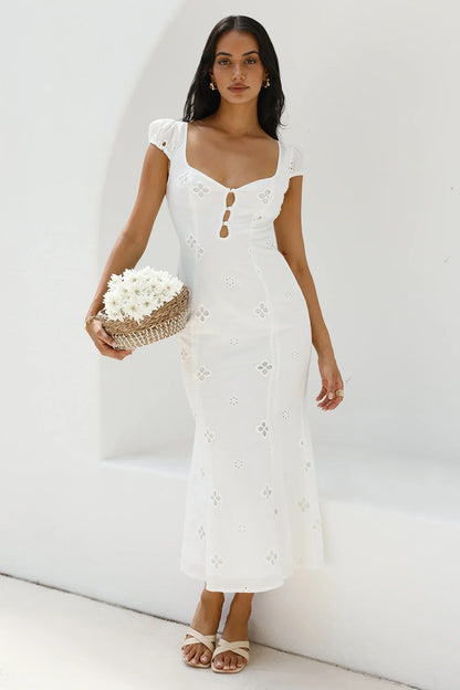 Bohemian Fitted Sweetheart Neck Puff Sleeve Eyelet Maxi Evening Dress