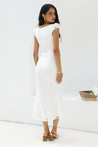 Bohemian Fitted Sweetheart Neck Puff Sleeve Eyelet Maxi Evening Dress