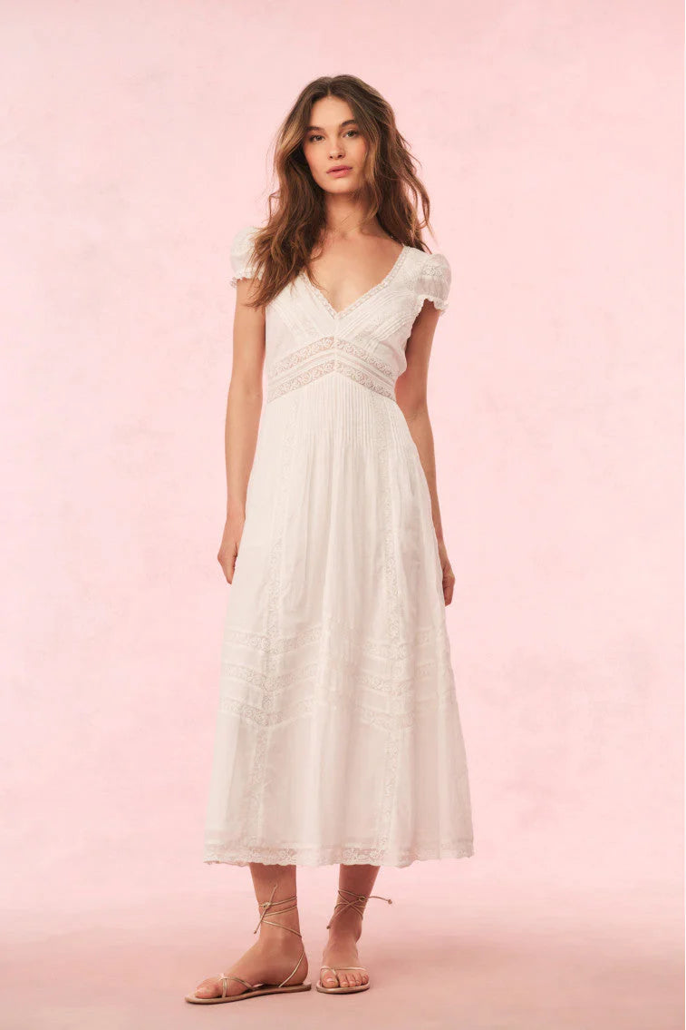 Bohemian Flared V-Neck Puff Sleeve Lace Insert Maxi Evening Dress