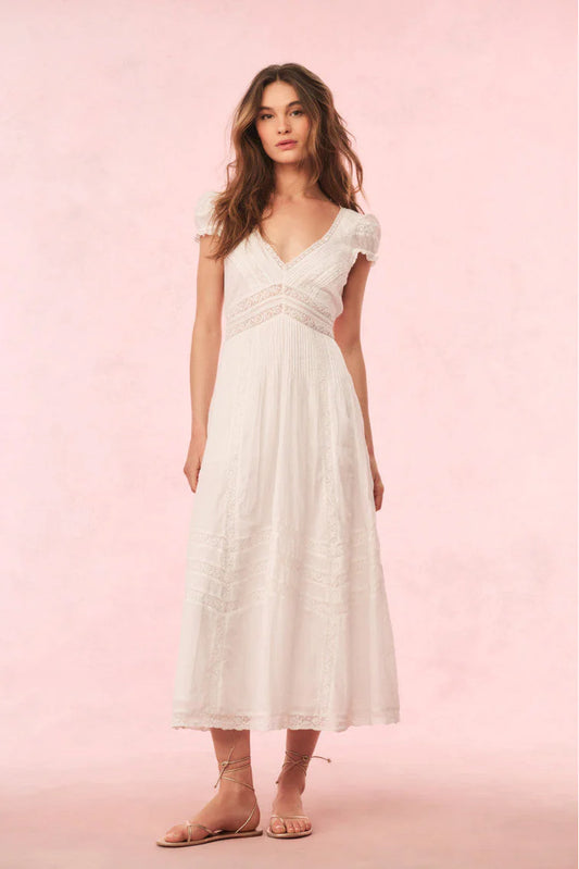 Bohemian Flared V-Neck Puff Sleeve Lace Insert Maxi Evening Dress