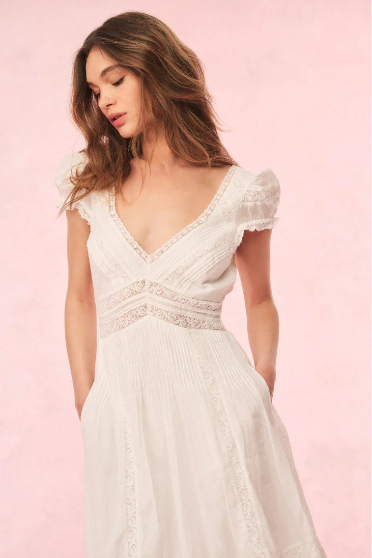 Bohemian Flared V-Neck Puff Sleeve Lace Insert Maxi Evening Dress