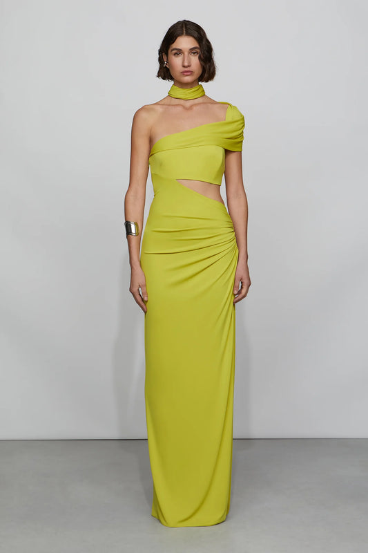 Bold Lime Green One-Shoulder Cut-Out Detail Ruched Floor-Length with Neck Scarf Evening Dress