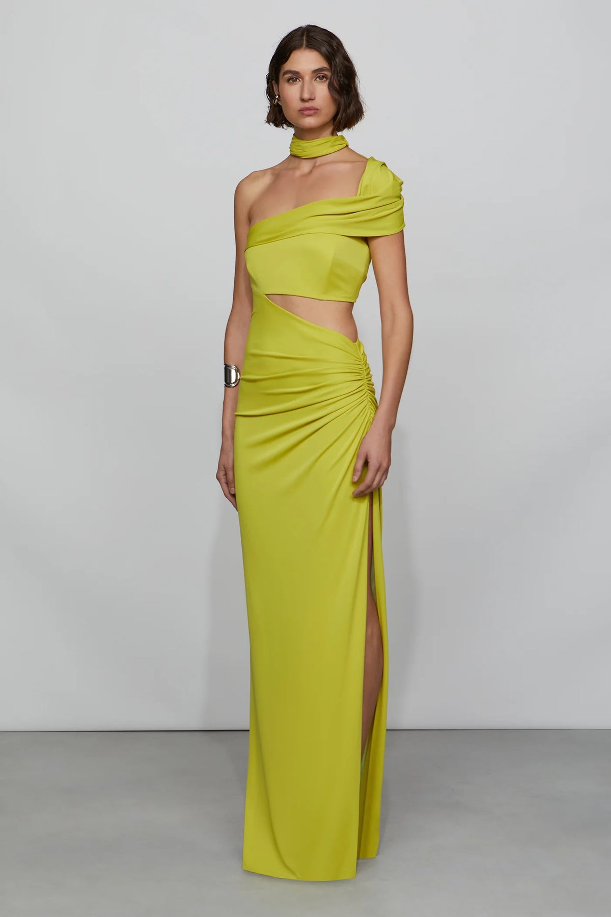 Bold Lime Green One-Shoulder Cut-Out Detail Ruched Floor-Length with Neck Scarf Evening Dress