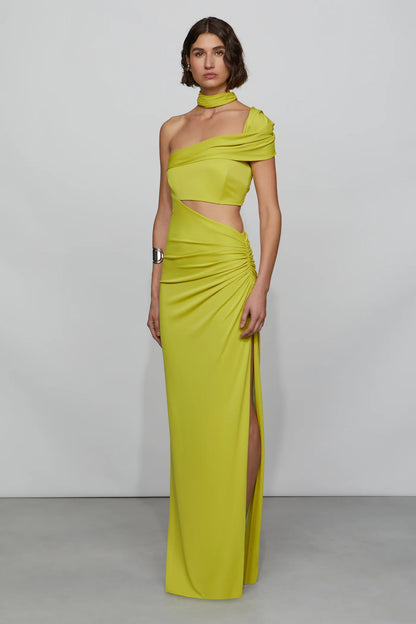 Bold Lime Green One-Shoulder Cut-Out Detail Ruched Floor-Length with Neck Scarf Evening Dress