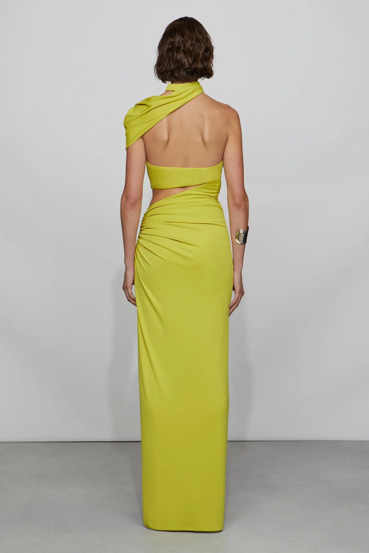 Bold Lime Green One-Shoulder Cut-Out Detail Ruched Floor-Length with Neck Scarf Evening Dress