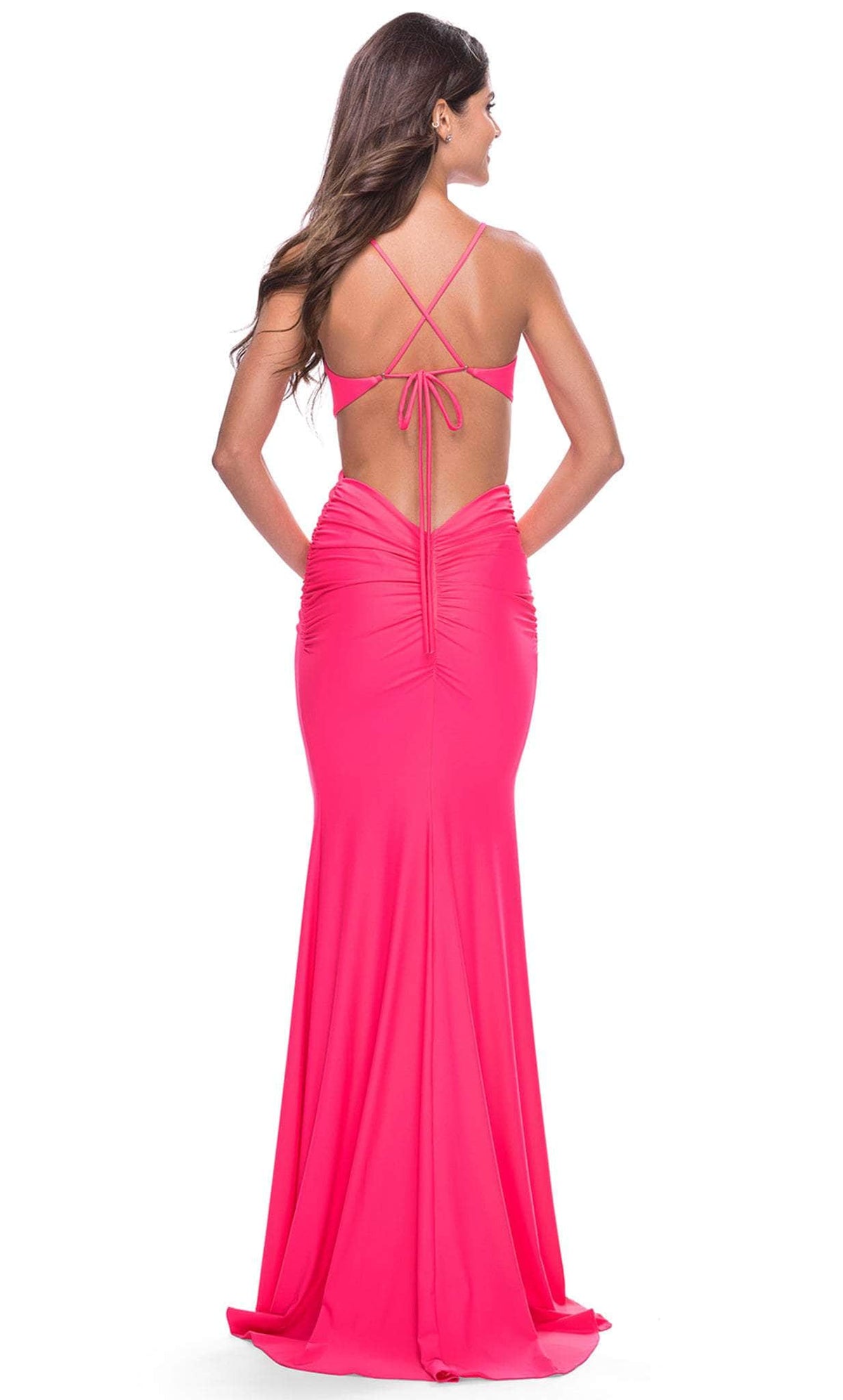 Bold Neon Pink Halter Strap with Cutout Bodice and Crisscross Back Evening Dress